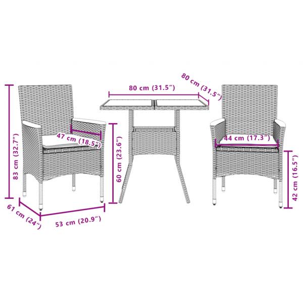 3-tlg. Garten-Essgruppe mit Kissen Grau Poly Rattan Akazie