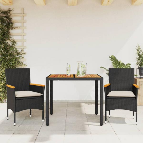 ARDEBO.de - 3-tlg. Garten-Essgruppe mit Kissen Schwarz Poly Rattan Akazie