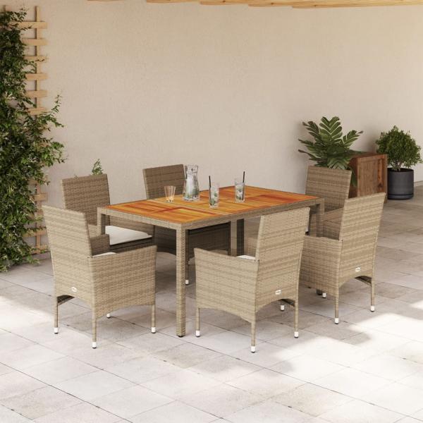 ARDEBO.de - 7-tlg. Garten-Essgruppe mit Kissen Beige Poly Rattan Akazie