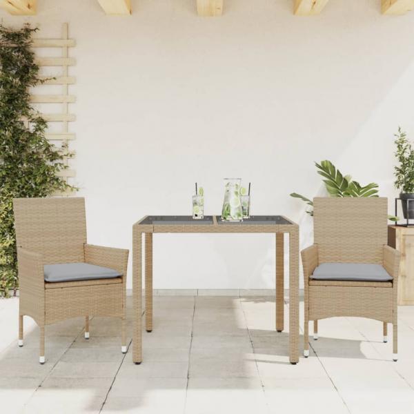 ARDEBO.de - 3-tlg. Garten-Essgruppe mit Kissen Beige Poly Rattan und Glas