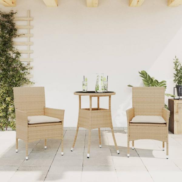 ARDEBO.de - 3-tlg. Garten-Essgruppe mit Kissen Beige Poly Rattan und Glas