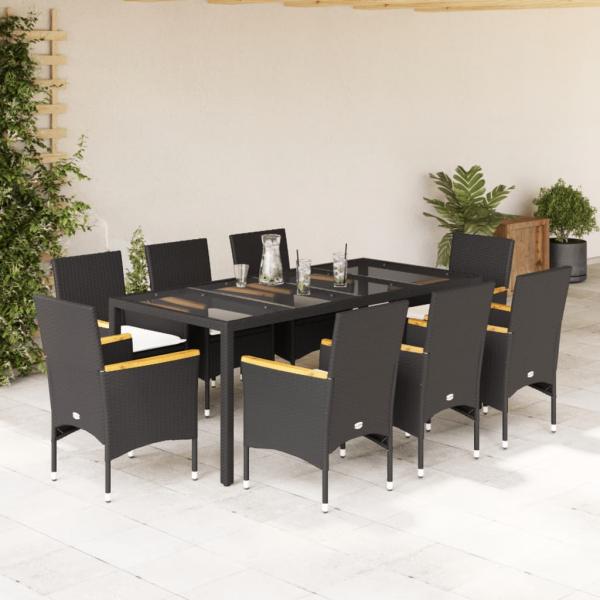 ARDEBO.de - 9-tlg. Garten-Essgruppe mit Kissen Schwarz Poly Rattan und Glas