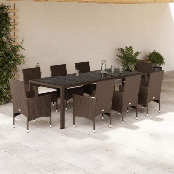 ARDEBO.de - 9-tlg. Garten-Essgruppe mit Kissen Braun Poly Rattan Glas