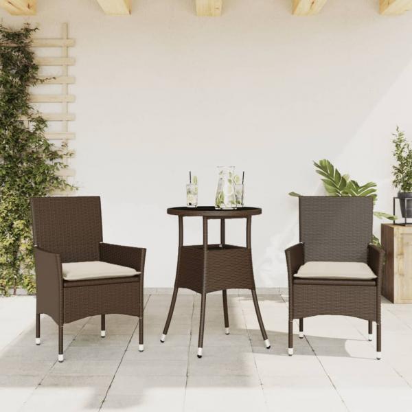 ARDEBO.de - 3-tlg. Garten-Essgruppe mit Kissen Braun Poly Rattan Glas