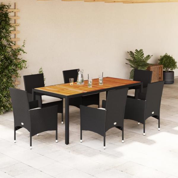 ARDEBO.de - 7-tlg. Garten-Essgruppe mit Kissen Schwarz Poly Rattan Akazie