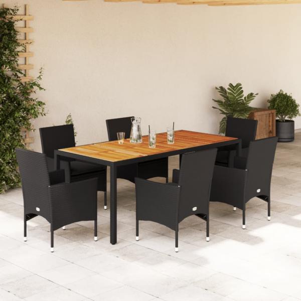 ARDEBO.de - 7-tlg. Garten-Essgruppe mit Kissen Schwarz Poly Rattan Akazie