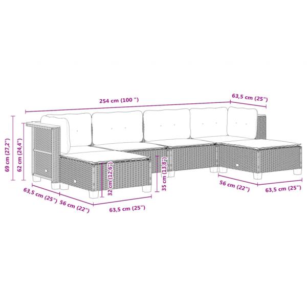 6-tlg. Garten-Sofagarnitur mit Kissen Grau Poly Rattan