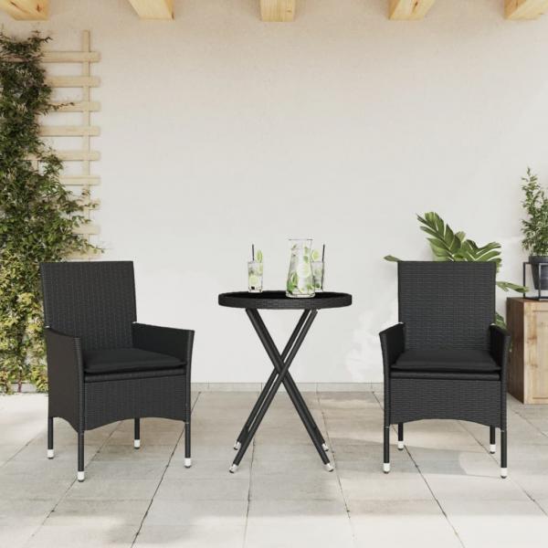 ARDEBO.de - 3-tlg. Bistro-Set mit Kissen Schwarz Poly Rattan und Glas