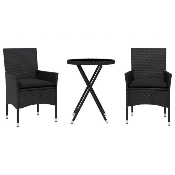 3-tlg. Bistro-Set mit Kissen Schwarz Poly Rattan und Glas