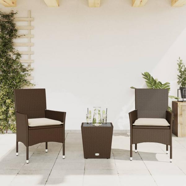 ARDEBO.de - 3-tlg. Bistro-Set mit Kissen Braun Poly Rattan und Glas