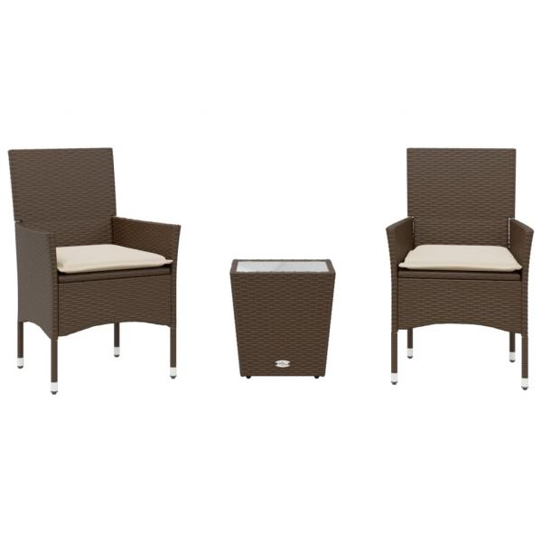 3-tlg. Bistro-Set mit Kissen Braun Poly Rattan und Glas