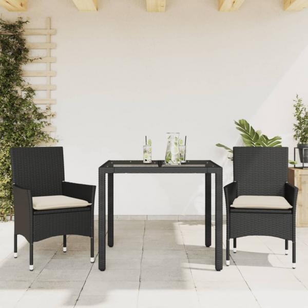 ARDEBO.de - 3-tlg. Garten-Essgruppe mit Kissen Schwarz Poly Rattan Glas