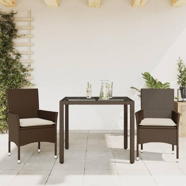 ARDEBO.de - 3-tlg. Garten-Essgruppe mit Kissen Braun Poly Rattan Glas