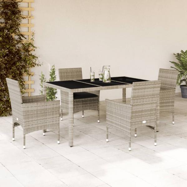 ARDEBO.de - 5-tlg. Garten-Essgruppe mit Kissen Hellgrau Poly Rattan Glas