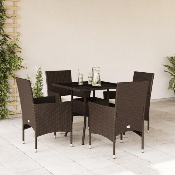 ARDEBO.de - 5-tlg. Garten-Essgruppe mit Kissen Braun Poly Rattan Glas