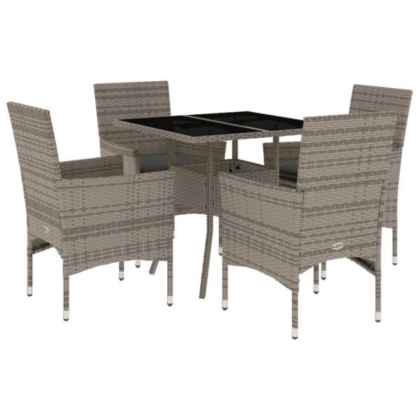 5-tlg. Garten-Essgruppe mit Kissen Grau Poly Rattan und Glas