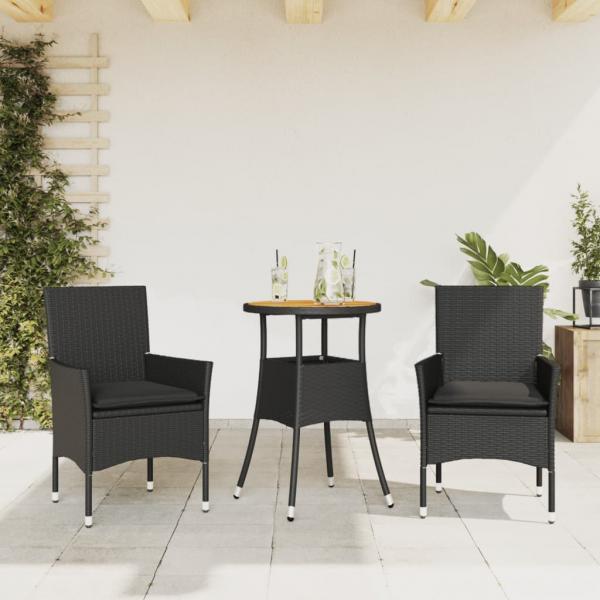 ARDEBO.de - 3-tlg. Garten-Essgruppe mit Kissen Schwarz Poly Rattan Akazie