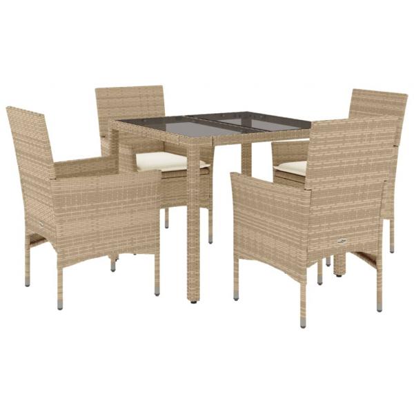 5-tlg. Garten-Essgruppe mit Kissen Beige Poly Rattan und Glas