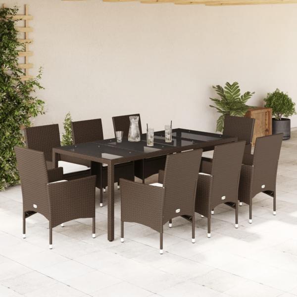 ARDEBO.de - 9-tlg. Garten-Essgruppe mit Kissen Braun Poly Rattan Glas