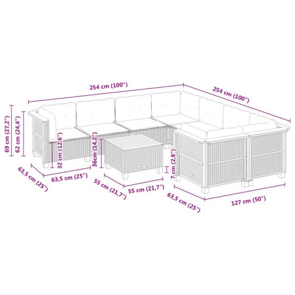 9-tlg. Garten-Sofagarnitur mit Kissen Grau Poly Rattan