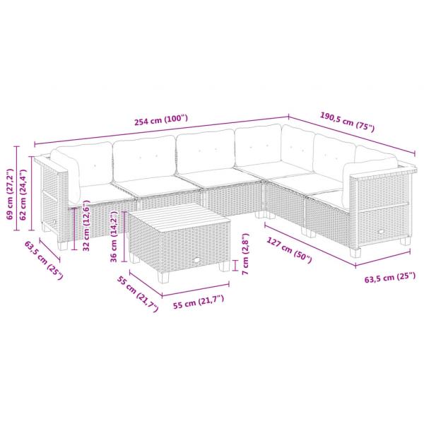 7-tlg. Garten-Sofagarnitur mit Kissen Grau Poly Rattan