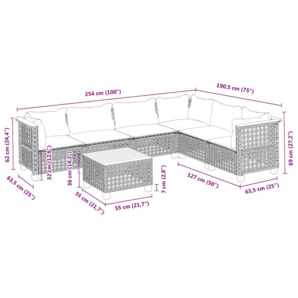 7-tlg. Garten-Sofagarnitur mit Kissen Schwarz Poly Rattan