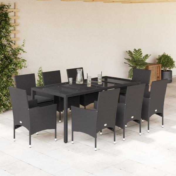 ARDEBO.de - 9-tlg. Garten-Essgruppe mit Kissen Schwarz Poly Rattan und Glas