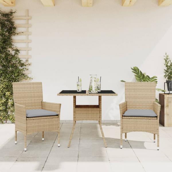 ARDEBO.de - 3-tlg. Garten-Essgruppe mit Kissen Beige Poly Rattan und Glas