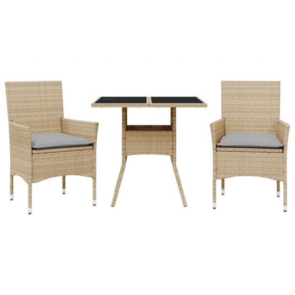 3-tlg. Garten-Essgruppe mit Kissen Beige Poly Rattan und Glas