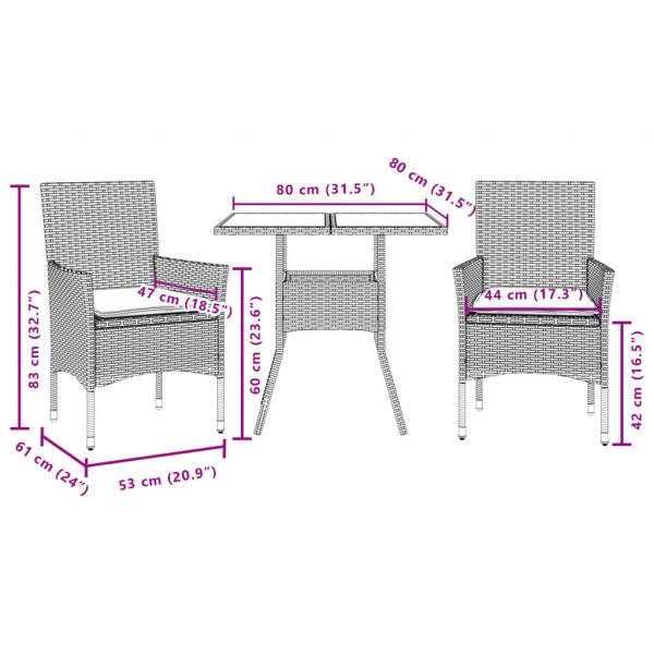 3-tlg. Garten-Essgruppe mit Kissen Beige Poly Rattan und Glas