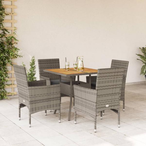 ARDEBO.de - 5-tlg. Garten-Essgruppe mit Kissen Grau Poly Rattan Akazie