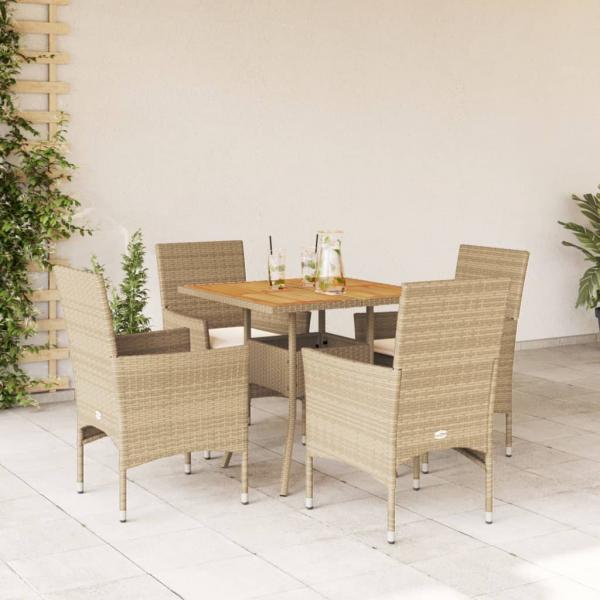 ARDEBO.de - 5-tlg. Garten-Essgruppe mit Kissen Beige Poly Rattan Akazie