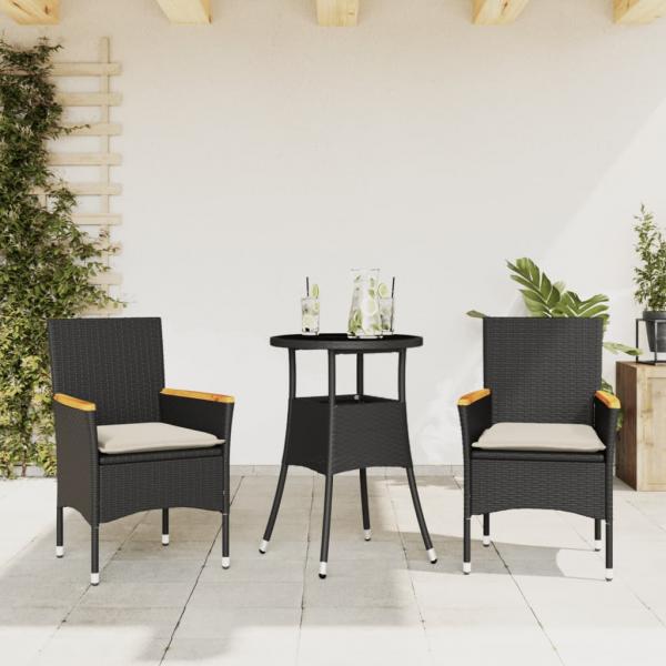 ARDEBO.de - 3-tlg. Garten-Essgruppe mit Kissen Schwarz Poly Rattan Glas