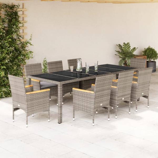 ARDEBO.de - 9-tlg. Garten-Essgruppe mit Kissen Grau Poly Rattan und Glas