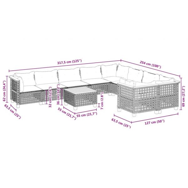 10-tlg. Garten-Sofagarnitur mit Kissen Schwarz Poly Rattan