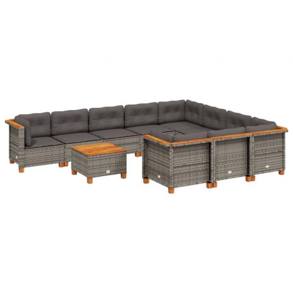 11-tlg. Garten-Sofagarnitur mit Kissen Grau Poly Rattan