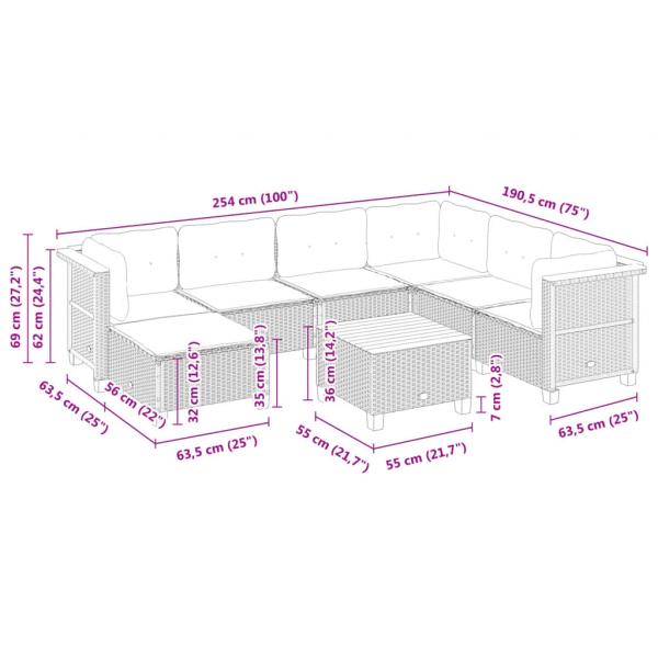 8-tlg. Garten-Sofagarnitur mit Kissen Grau Poly Rattan