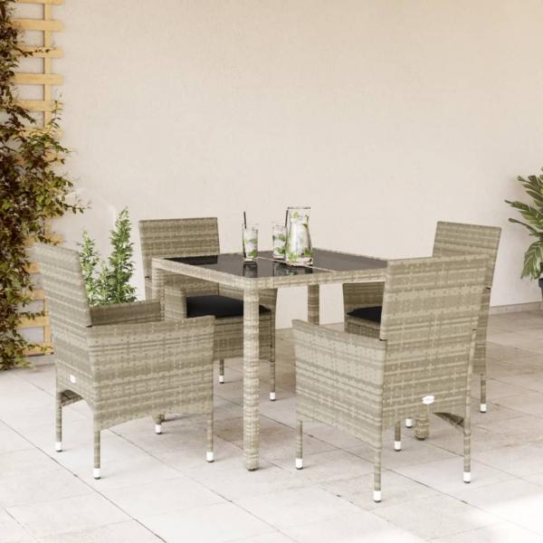 ARDEBO.de - 5-tlg. Garten-Essgruppe mit Kissen Hellgrau Poly Rattan Glas