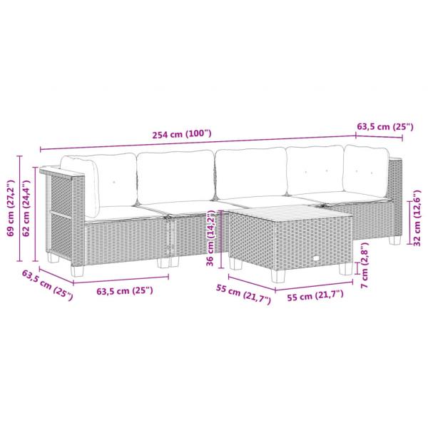 5-tlg. Garten-Sofagarnitur mit Kissen Grau Poly Rattan