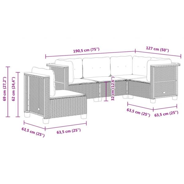 5-tlg. Garten-Sofagarnitur mit Kissen Grau Poly Rattan