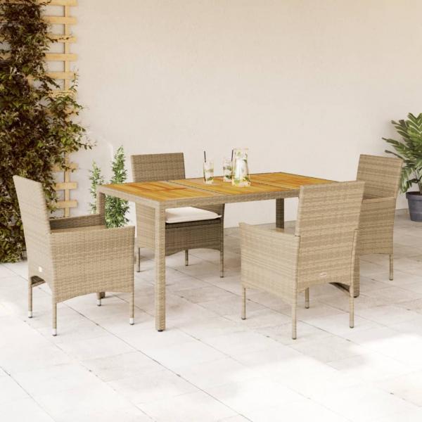 ARDEBO.de - 5-tlg. Garten-Essgruppe mit Kissen Beige Poly Rattan Akazie