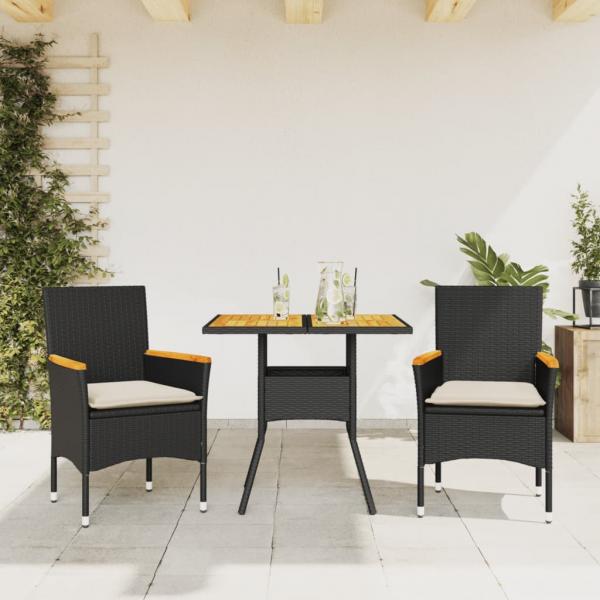 ARDEBO.de - 3-tlg. Garten-Essgruppe mit Kissen Schwarz Poly Rattan Akazie