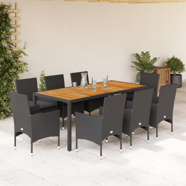 ARDEBO.de - 9-tlg. Garten-Essgruppe mit Kissen Schwarz Poly Rattan Akazie