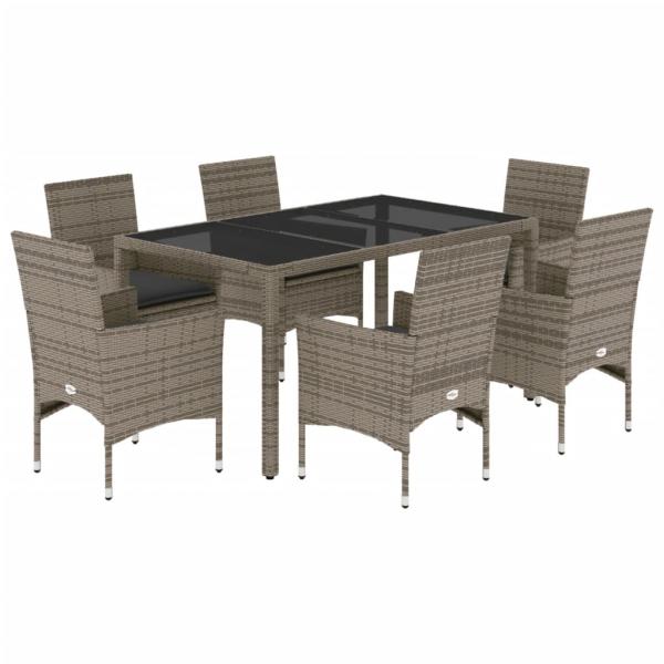 7-tlg. Garten-Essgruppe mit Kissen Grau Poly Rattan und Glas