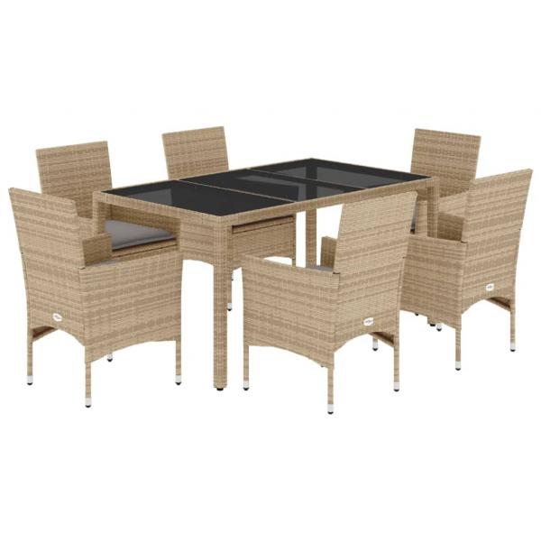 7-tlg. Garten-Essgruppe mit Kissen Beige Poly Rattan und Glas