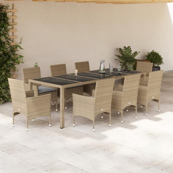 ARDEBO.de - 9-tlg. Garten-Essgruppe mit Kissen Beige Poly Rattan Glas