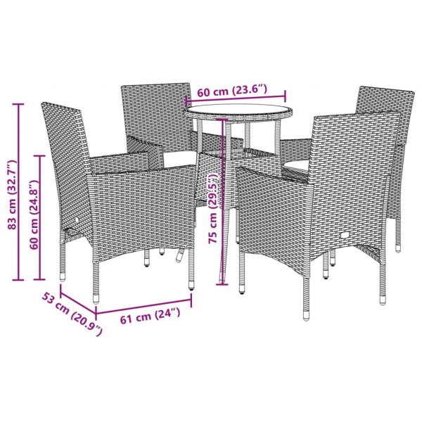 5-tlg. Garten-Essgruppe mit Kissen Braun Poly Rattan Glas