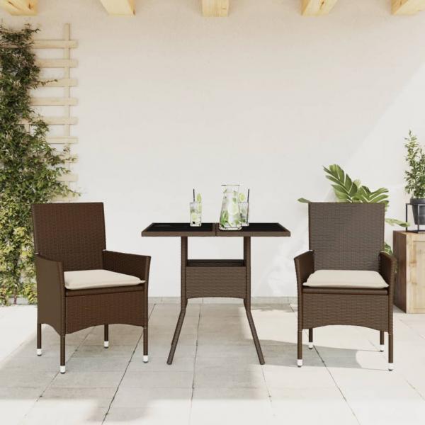 ARDEBO.de - 3-tlg. Garten-Essgruppe mit Kissen Braun Poly Rattan Glas