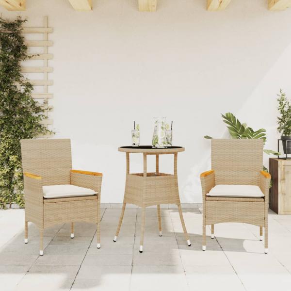 ARDEBO.de - 3-tlg. Garten-Essgruppe mit Kissen Beige Poly Rattan und Glas