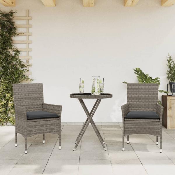 ARDEBO.de - 3-tlg. Bistro-Set mit Kissen Grau Poly Rattan und Glas